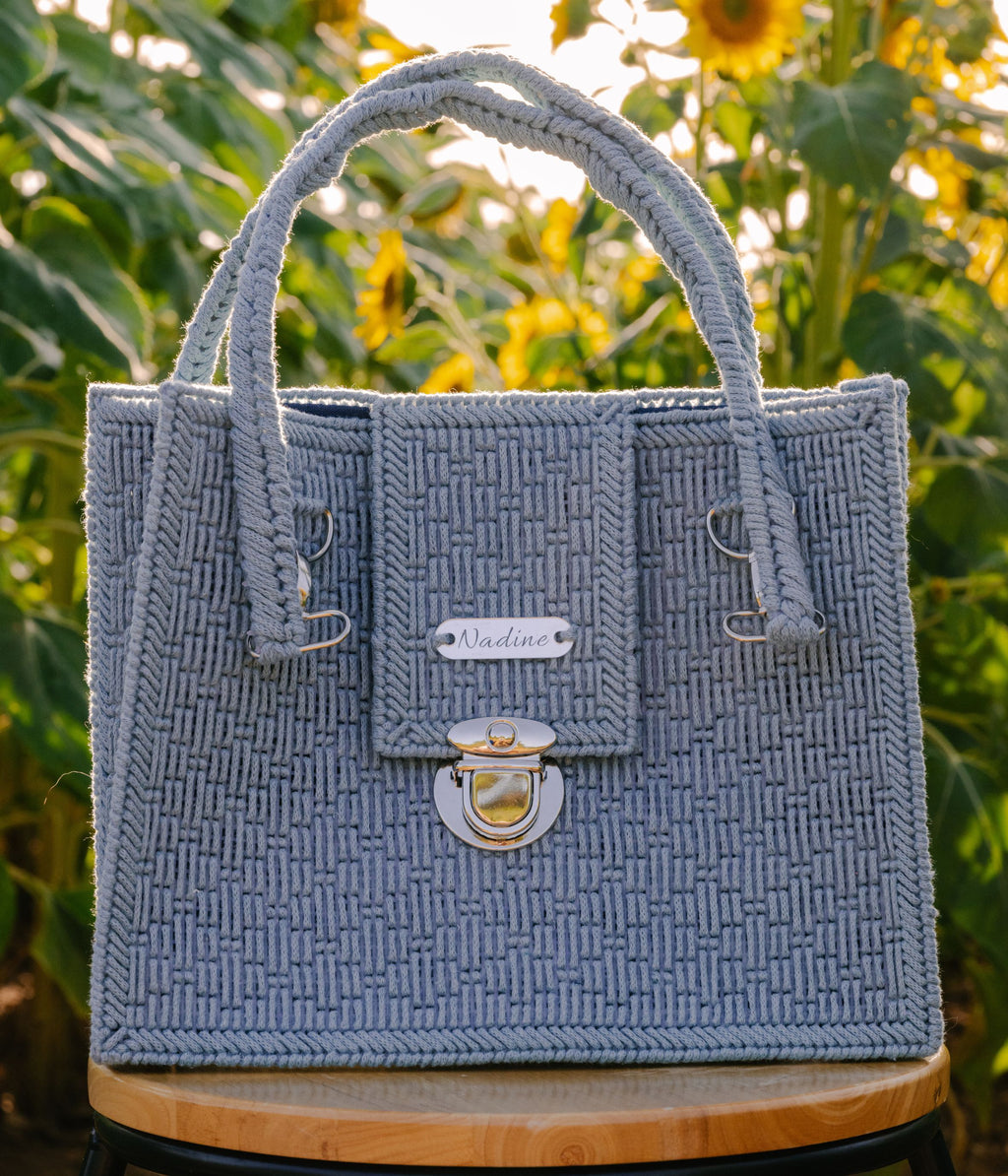 Grand sac cabas en crochet bleu gris