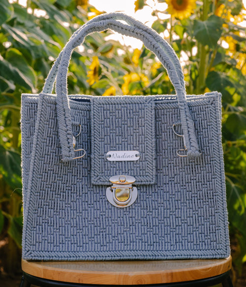 Grand sac cabas en crochet bleu gris