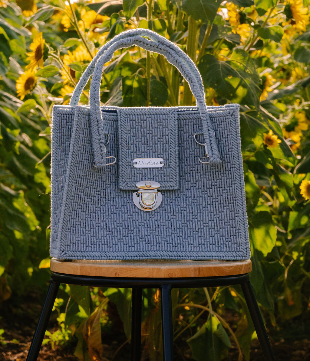 Grand sac cabas en crochet bleu gris
