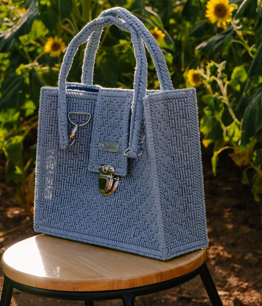 Grand sac cabas en crochet bleu gris