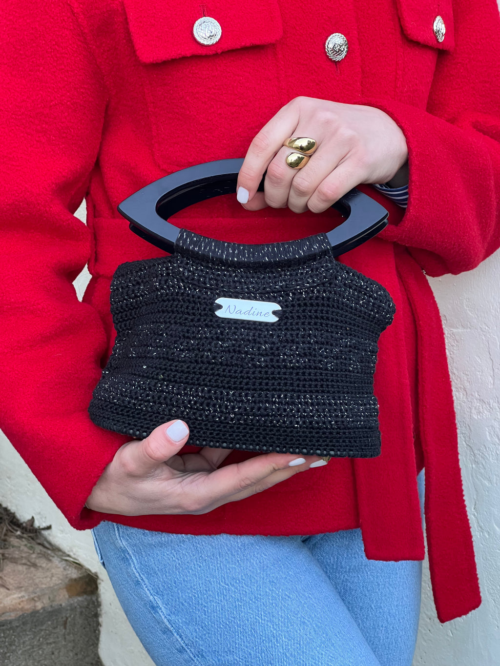 Sac en crochet noir scintillant à anses noires
