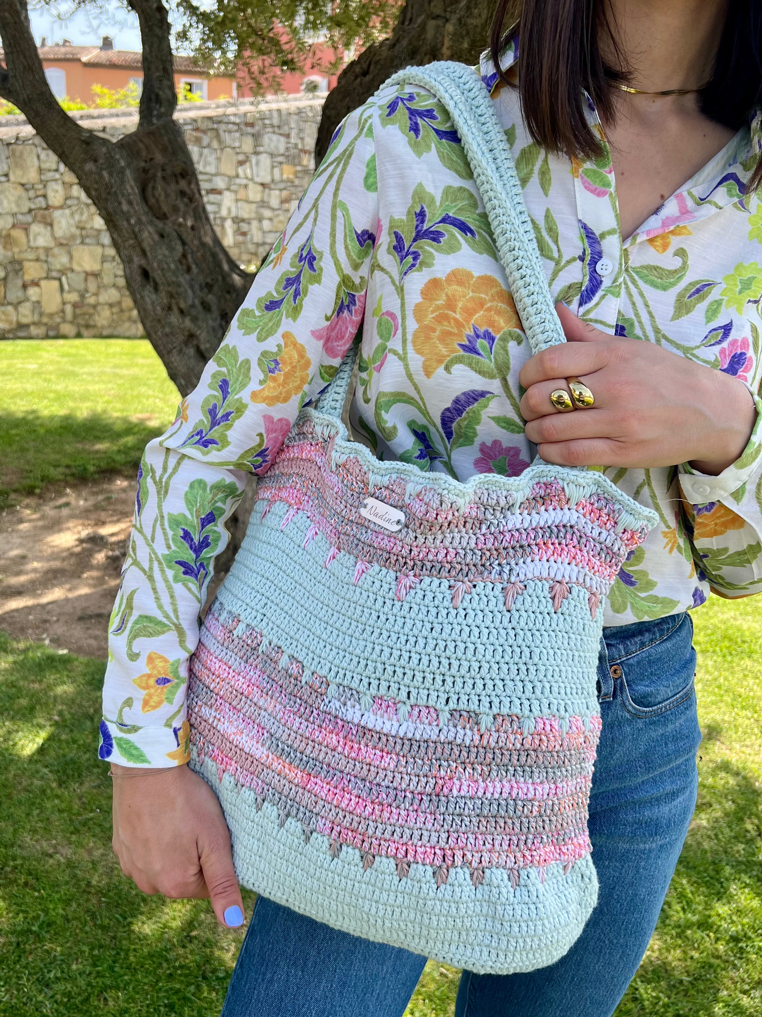 Grand sac de plage en crochet bleu ciel