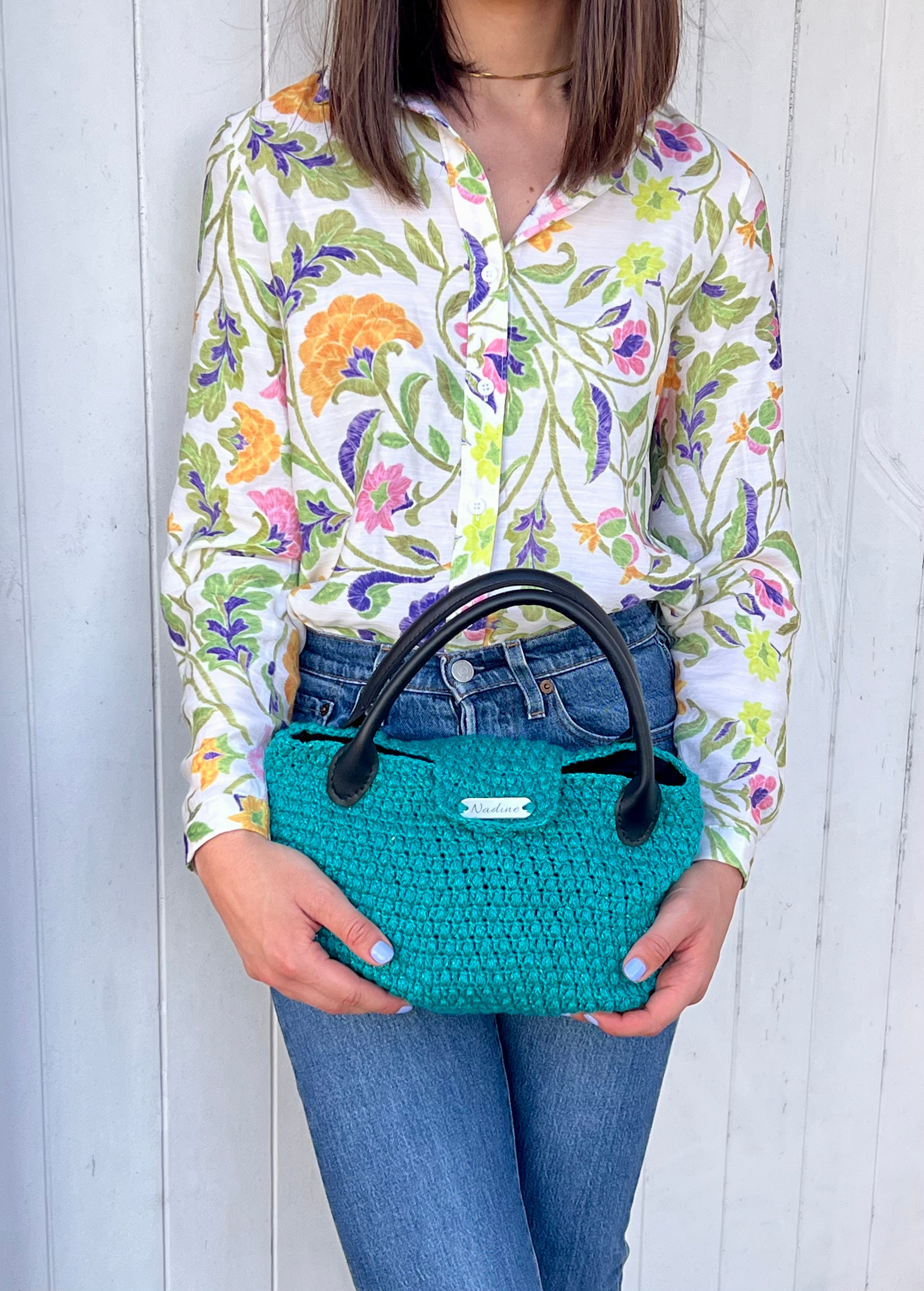 Sac à main crochet turquoise anses noires